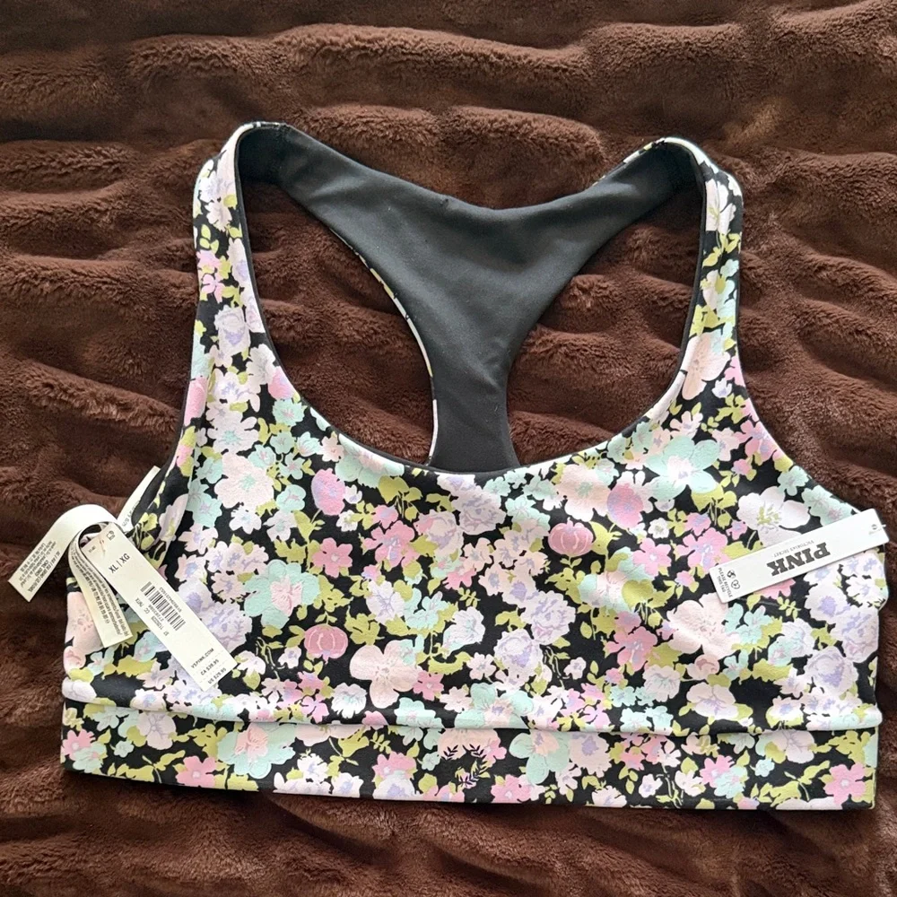 PINK Victoria's Secret Black Floral Racerback Sports Bra with Pastel Accents - Picture 1 of 3